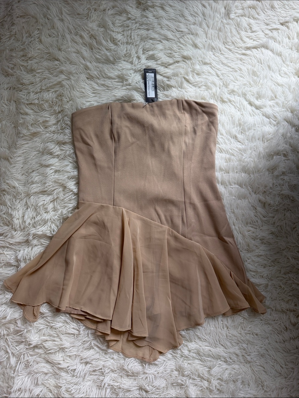 PRETTY LITTLE THING | Beige Strapless Ruffle Mini Dress
